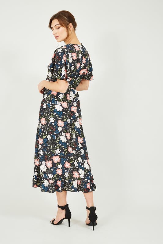 Mela Black Floral Wrap Front Midi Dress