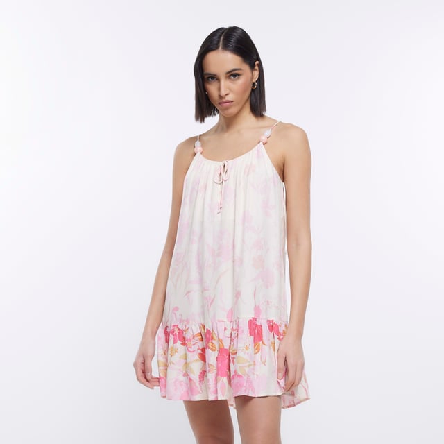 River Island - Robe bandeau courte à fleurs en 3D avec strass - Blanc