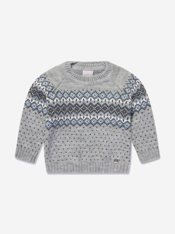 Elevate your boy's wardrobe with the exclusive Boys Wool Knitted Jumper in Grey by Paz Rodriguez. Key Features are: Spanish Craftsmanship: Meticulously designed and crafted in Spain, promising durability and longevity.  Chic Design: Adorned with a distinct print, adding a dash of playful flair to this high-end jumper. Luxe Comfort: Constructed with plush, premium wool ensuring optimum comfort for your boy's day-to-day escapades. Style Upgrade: This wool knitted jumper in a classy shade of grey will instantly revamp your boy's wardrobe, letting them make a stylish statement.