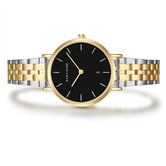 Classic elegance and modern lifestyle combine in the design concept of this women's watch in the Eastside label. Inspired by stylish watch classics and at the same time the pulsating charm of New York, an exceptional timepiece is created. The minimalist dial with delicate line indices, simple stickers and a date display convinces all watch lovers. The yellow-gold metal housing and the partially IP-coated bicolor-steel bracelet in the timeless limb strap look harmonize in sound. A high-quality safety folding and a quartz clock ensure maximum comfort and durable precision.