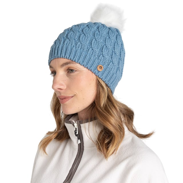 Material: Acrylic, Yarn. Fabric: Cable Knit. Lining: Microfleece. Design: Logo. Faux Fur Bobble, Turned Up Cuff. Fabric Technology: Insulating. Sustainability: Made from Recycled Materials.