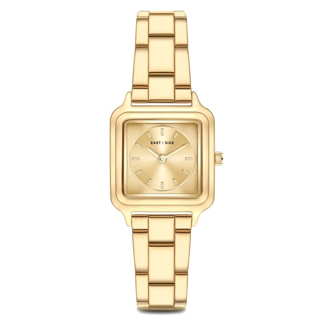 GENERAL INFORMATION:  • Targetgroup: Female  • Wristwatch: No Special Functions  • Display: analogue  • Weight of watch w/o box (gr.) - approx.: 60  MOVEMENT:  • Movement: Quartz  • Term of Movement: 2025  • Origin of movement: Japan  BRACELET:  • Material of bracelet/strap: Stainless steel  • Plating of bracelet/strap: Ion-Plating (IP)  • Finishing of bracelet/strap: Smooth  • Finishing/Decoration of bracelet/strap: None  • Clasp/Closure/Buckle: Security-folding clasp  • Color of bracelet/strap: Yellowgold  • Length of bracelet/strap (mm) approx.: 210,0  • Width of bracelet/strap (mm) approx.: 13,8  • Style/Design of bracelet/strap: Link bracelet  • Bracelet/strap adjustable?: Yes  CASE:  • Shape of case: Square  • Size/Diameter of case in mm . approx.: 25,0 x 32,0  • Height of case in mm: 8,1  • Case material: Metal (Alloy)  • Surface of case: Polished  • Bezel/Topring: Fixed  • Finishing/Decoration of case: None  • Material of case back: Stainless steel  • Lock of case back: No screwed-in crown  • Color of case: Yellowgold  • Coating/Plating (Case): Ion-Plating (IP)  • Type/Form of crystal: Flat  • Material of crystal: Mineral crystal  DIAL:  • Size jewelry care cloth: Hour, Minute  • Indices: Line indices  • Material of dial: Brass  • Structure/pattern of dial: Flat/sunray  • Color of dial: Gold-colored  PUSHER, CROWN, HAND:  • Pusher: None  • Corrector: No  • Crown: No screwed-in crown  • Type of hands: Pole hand  • Luminescent (hands): No  PACKAGING & SCOPE OF DELIVERY:  • Box: Yes  • Service booklet: Yes  • Manual: Yes