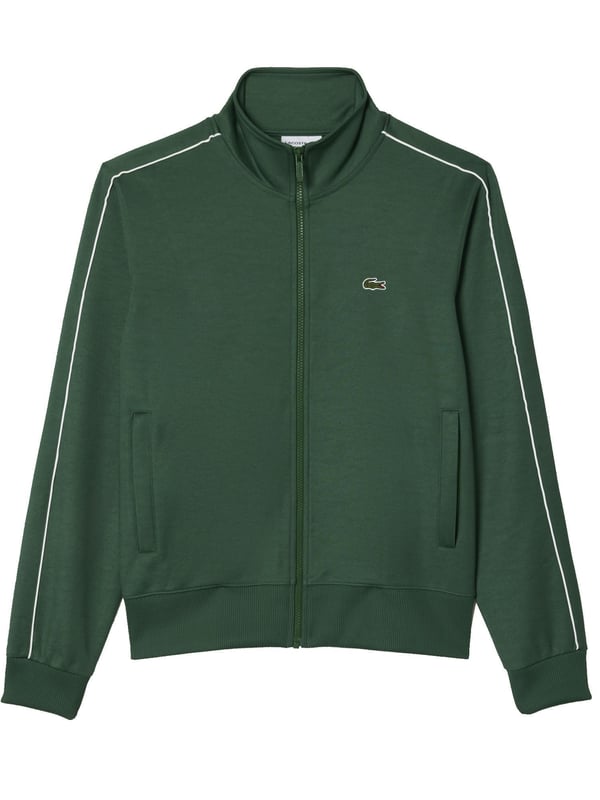 This regular-fit men's sweat jacket with contrasting stripes is a stylish basic. Made from high-quality material, it is extremely comfortable to wear. It fastens with a zipper that ends in a stand-up collar. The sleeves and hem are finished with plain-colored ribbed cuffs. Essentials can be stowed in the side slit pockets. The contrasting stripes on the sleeves provide a subtle visual highlight.