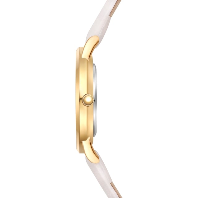 GENERAL INFORMATION:  • Targetgroup: Female  • Wristwatch: No Special Functions  • Display: analogue  • Weight of watch w/o box (gr.) - approx.: 27,0  MOVEMENT:  • Movement: Quartz  • Term of Movement: 2025  • Origin of movement: Japan  BRACELET:  • Material of bracelet/strap: Genuine leather  • Plating of bracelet/strap: None  • Finishing of bracelet/strap: Smooth  • Finishing/Decoration of bracelet/strap: Seam  • Clasp/Closure/Buckle: Buckle  • Color of bracelet/strap: White  • Length of bracelet/strap (mm) approx.: 210,0  • Width of bracelet/strap (mm) approx.: 18,0  • Style/Design of bracelet/strap: No imprint  • Bracelet/strap adjustable?: No  CASE:  • Shape of case: Round  • Size/Diameter of case in mm . approx.: 33,0  • Height of case in mm: 6,7  • Case material: Metal (Alloy)  • Surface of case: Polished  • Bezel/Topring: Fixed  • Finishing/Decoration of case: None  • Material of case back: Stainless steel  • Lock of case back: No screwed-in crown  • Color of case: Yellowgold  • Coating/Plating (Case): Ion-Plating (IP)  • Type/Form of crystal: Flat  • Material of crystal: Mineral crystal  • Water resistant (ATM): 3  DIAL:  • Size jewelry care cloth: Hour, Minute  • Indices: Roman numerals/points  • Material of dial: Brass  • Structure/pattern of dial: sunray  • Color of dial: White  PUSHER, CROWN, HAND:  • Pusher: None  • Corrector: No  • Crown: No screwed-in crown  • Type of hands: Dauphine hands  • Luminescent (hands): No  PACKAGING & SCOPE OF DELIVERY:  • Box: Yes  • Service booklet: Yes  • Manual: Yes