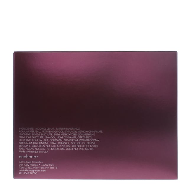 Euphoria by Calvin Klein is an exotic floral-fruity fragrance for women.Top note is pomegranate.Middle notes are lotus and orchid.Base notes are violet, amber, musk and mahogany.Euphoria was launched in 2005.