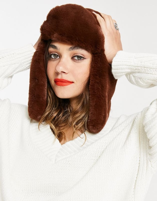 ASOS DESIGN faux fur trapper hat in brown