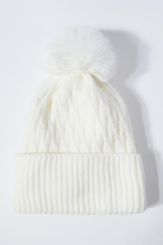 White Knitted Faux Fur Pom Hat