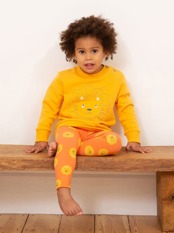 95% organic cotton 5% elastane | Proud to be certified by Control Union to the Global Organic Textile Standard (GOTS) | Lionheart all-over print | Single jersey with a little bit of stretch | Elasticated waistband | Nappy panel at the seat up to and including size 3 years (suitable for cloth nappies) | Made in Turkey | Machine washable at 40 degrees, or at 30 degrees to be kinder to the planet