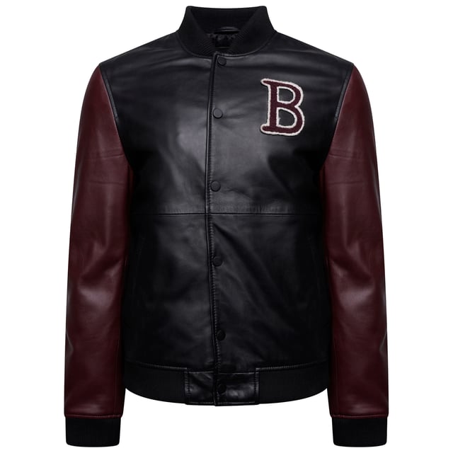 Introducing the Barneys Originals Varsity Bomber Jacket – a fusion of athletic charm and urban sophistication. With its sleek black body and striking burgundy sleeves, this jacket effortlessly channels vintage-inspired style with a contemporary twist. Perfect for adding a touch of sporty flair to any ensemble, it's a versatile staple for your wardrobe.