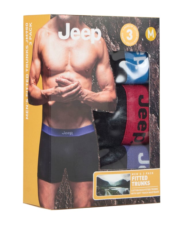 JEEP MENS 3 PACK COTTON FITTED TRUNKSUnderwear by Jeep produce a wide collection from loose fitting, to comfortable fitted boxers, and briefs. Designed for everyday, this collection of trunks by Jeep are made for comfort and durability. Designed to look and feel good, these briefs will feel soft to the touch.Comfort cotton rich trunks are all you need for everyday briefs. These fitted trunks provide softness and comfort all day.They also feature a soft, brushed waistband, to minimise discomfort of rough elastic waistbands digging into your skin. The waistband is made from elastane which allows for a more comfortable stretch.For a comfortable and tight fit, these trunks will feel snug around your thighs and provide comfort all day whether you're wearing office clothes or loungewear. To avoid irritation, these fitted trunks have a tagless care label. These trunks come in a pack of 3.Extra Product Details- Jeep Mens Fitted Trunks- Cotton Fitted Briefs- Everyday Underwear- Cotton Rich Pants- Soft Brushed Waistband- Elastane Waistband- Tagless Care Label- Pack Of 3- Sizes Small - XL