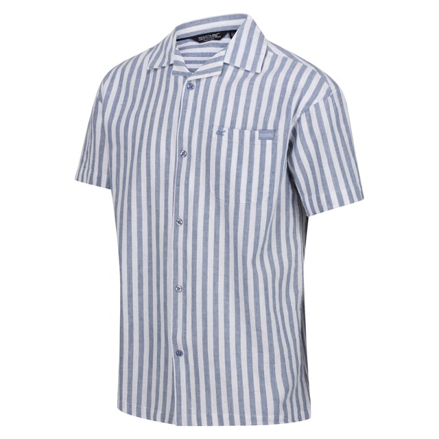 80% Cotton, 20% Linen. Fabric: Soft Touch, Yarn Dyed. Design: Embroidered Logo, Stripe. Pockets: 1 Chest Pocket. Fastening: Button-Down. Neckline: Revere Collar. Sleeve-Type: Short-Sleeved. Fit: Relaxed Fit. Sustainability: Sustainable Materials. S: 38 in. M: 40 in. L: 42 in. XL: 44 in. XXL: 48 in. 3XL: 51 in. 4XL: 54 in.