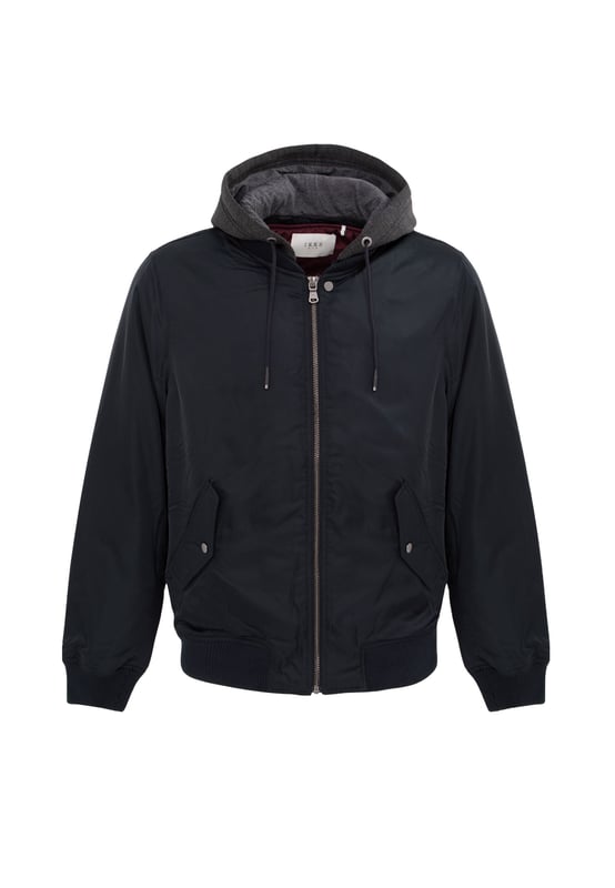 This navy bomber has removable grey hood and zip and button fastening.
