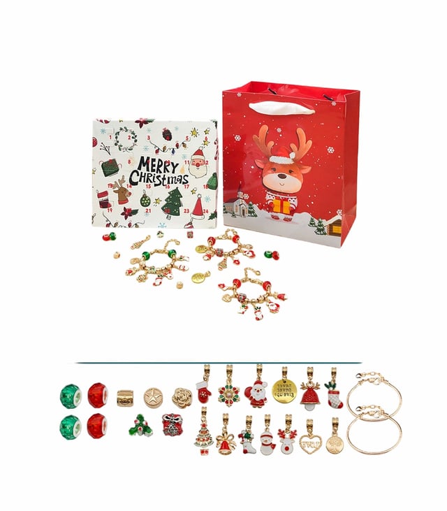 SIERADEN ADVENTSKALENDER 24 DOZEN Afmetingen kalender: 23x17cm Wordt geleverd met een elegant cadeauzakje Patroon: Kerstmis Materiaal: roestvrij staal, verguld 2 armbanden + 22 bedels KLEUREN: GOUD ROOD GROEN WIT