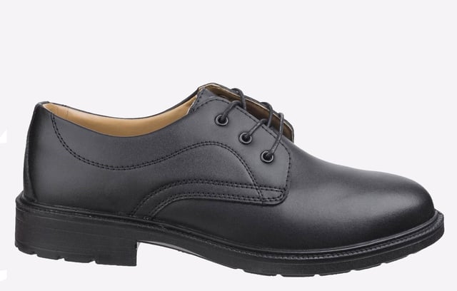 Amblers deliver a smart formal leather safety shoe, ideal for industrial office wear and uniform. Steel toe, non-metal anti-penetration midsole, antistatic and durable PU outsole, these are a practical choice in style and safety.
- Smart and safe Gibson ideal for industrial office wear and uniform use- Mono-black, plain front shoe crafted with a smooth leather upper- Constructed with PU outsole offering excellent slip resistance- Lace up front with 3 eyelets- Steel toe cap protection against 200 joules impact- Anti-static- Energy absorbing heel- Conforms to EN ISO 20345:2011 Safety footwear standards- Passes SRC slip resistance standards