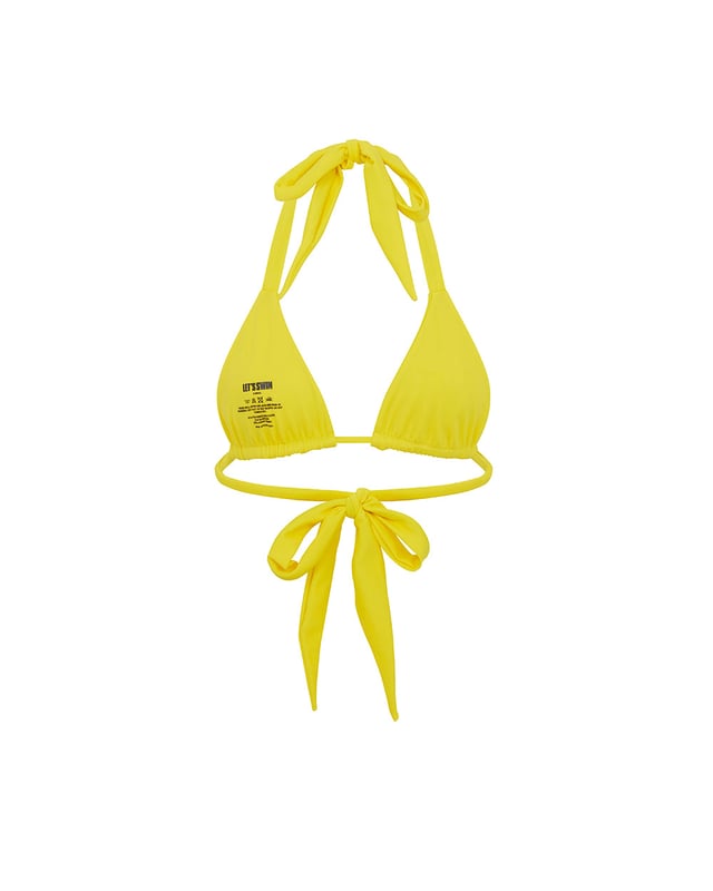 Designed to be worn to be seen, this yellow halterneck triangle bikini top boasts neck and back tie fastenings and drawstring cups for ultimate customisation. Pair with the matching tie-side bikini bottom for full impact.