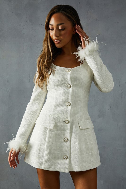 Boucle Feather Trim A-Line Mini Dress