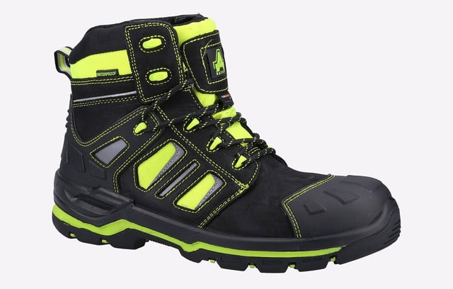This Metal Free Hi-Vis Safety Boot has been developed to tackle all types of industries in most adverse conditions. A Hi-Vis fluorescent waterproof Cordura ensures maximum visibility at any time of day, with a waterproof membrane, and a rubber outsole.
- Metal Free Boot with Yellow Safety Hi Viz Waterproof CORDURA- Water Resistant Full Grain Nubuck Leather Upper- Internal Waterproof Membrane- Moulded TPU Toe Guard for Extra Durability- Moulded TPU Heel Counter for Enhanced Heel Support and Protection- Reflective Piping and Loop for Maximum Visibilty- Deep Padded Mesh Collar for Extra Comfort- Comfortable, Cushioned and Removable PU Footbed- Injected PU Midsole Enhances Comfort and Shock Absorption- Non-Marking Rubber Outsole