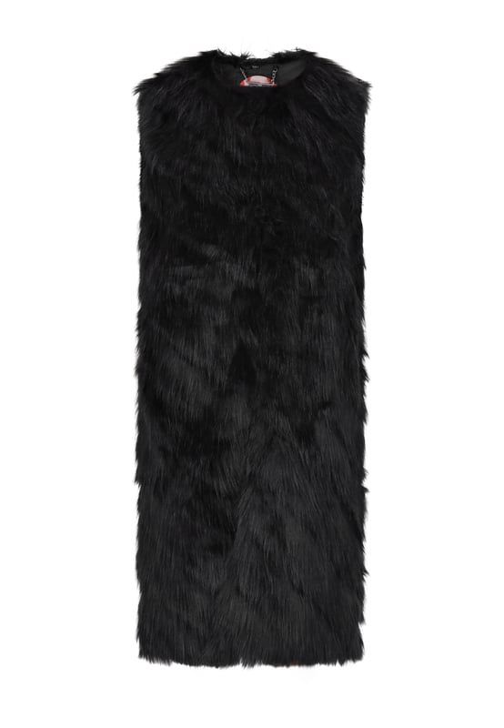 Dieses luxuriöse ärmellose Oberteil mit einer weichen, fellähnlichen Textur strahlt Raffinesse und Stil aus. Der gerade Saum und der offene Kragen machen es perfekt zum Layern über Outfits für zusätzliche Wärme oder als schickes Fashion-Statement. Das schlichte, aber elegante Design betont die strukturierte Oberfläche und Silhouette und schafft einen auffälligen Look, der sowohl vielseitig als auch modisch ist.  Weste