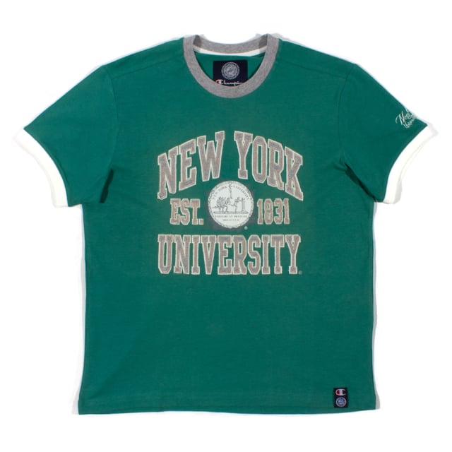 Applique logo tee by Champion, complete with a varsity-inspired design. Crew neck and short sleeves, complete with 'New York University' stitched across the chest &amp; a printed design on the left sleeve.