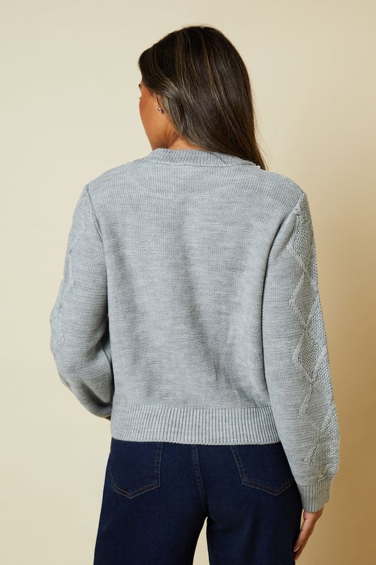 Embellished Neck Fairisle Cable Crew Neck Jumper