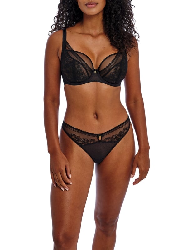 Freya Sydnie High Apex Plunge Bra. Underwired non padded plunge bra with high apex sheer floral lace overlay, low plunge neckline and fully adjustable straps. Product is recommended as hand-wash only.