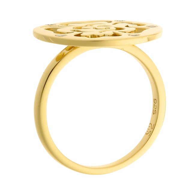 This elaborate Ring for Women from Orphelia  is the perfect gift to spoil yourself or a loved one. The Ring is made out of 925 Sterling Silver, colored Gold at Size: 54 weighing in at 3.3 grams with a Width of  cm at its widest point. The Orphelia Women's 925 Sterling Silver Ring - Gold ZR-7079/2 is delivered in a stunning gift box and carries a two year warranty.