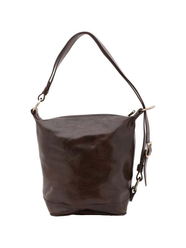 Damen-Beuteltasche mit Reißverschluss. eine mit Reißverschluss-Innentaschen. fehlende Außentaschen. verstellbarer Schultergurt aus Leder. fehlender Griff. ein Innenfach.  Außenmaterial. Innen mit Baumwolle gefüttert. Maße: 34x33x15 cm. Hergestellt in Italien
