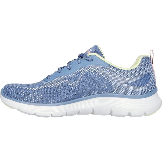 Skechers Flex Appeal 5.0 Cruising Thru Textile Women's Blue/Lime Trainers Go wild and out in flexible comfort wearing Skechers Flex Appeal 5.0 Cruising Thru. This lace-up features an engineered knit upper and a cushioned Skechers Air-Cooled Memory Foam insole.