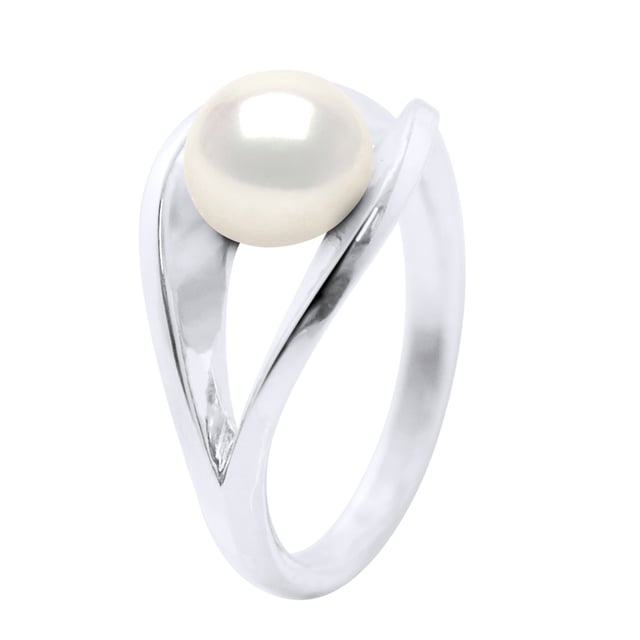 Ring Äkta odlad sötvattenspärla Knapp 8-9 mm - Öppnad av Silver 925 Rhodiumpläterad - FÄRG \"NATURLIG PÄRLVIT\" - finns i Storlek jämna nummer från 48 till 62 - Levereras i ask och med sitt Äkthetsintyg och Internationella Garanti - MADE IN FRANCE