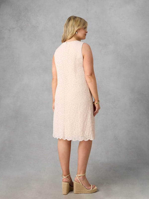 Cut from a beautiful lace in a sophisticated blush pink colour, this dress is fully lined with a breathable woven lining. It has a round neck and a flattering sleeveless, knee-length shape with a scalloped hem, making it the perfect wedding guest dress.