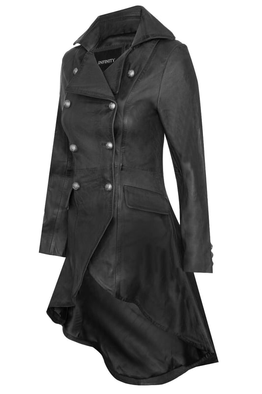 Step into the enchanting realm of gothic elegance with our Women's Gothic Leather Coat, a striking fusion of Edwardian and Victorian styles infused with a modern gothic punk edge.The Women's Gothic Leather Coat combines historical elements with contemporary gothic punk nuances, perfect for those seeking a bold and distinctive fashion statement that transcends eras. Design Features:  Seamlessly merges tailored trench design with a distinct gothic flair for a unique and bold appearance. Crafted from high-quality leather, ensuring durability and an opulent feel for long-term wardrobe investment. Classic double-breasted button closure adds vintage charm and timeless sophistication to the coat's aesthetic. The hem's dramatic tailoring presents a feminine silhouette reminiscent of Edwardian and Victorian fashion, adding visual allure. Made from 100% leather, this coat exudes luxury and quality construction, appealing to fashion enthusiasts seeking a unique statement piece.