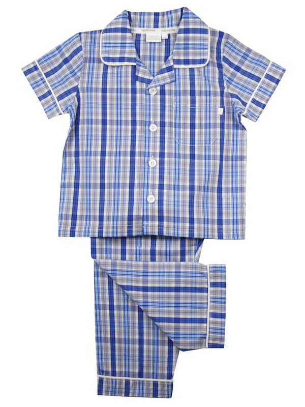 Blue Cotton Check Traditional Summer Pyjamas.

There’s no such thing as a basic check at Mini Vanilla! In our Short sleeve crisp summer cotton boys pyjamas we’ve blended blue, grey and white to create a  traditional look that’s perfect for lounging or sleeping. Made from super-soft 100% crisp cotton. The set is trimmed with white cotton piping. The top has an open collar and revere, single square pocket with MV tab and fastens with Mini Vanilla Engraved buttons. The crisp cotton comfy trousers have a fully soft elasticated waist and white piping at the hem to finish this very traditional boys pyjamas

Sold as a Pyjama set.
Fabric 100% cotton - crisp summer weight.
Fire Warning : KEEP AWAY FROM FIRE AND FLAMES.
Wash Care Instructions : Machine wash inside out, do not soak, wash dark                    colours separately, do not iron trims. Save energy and wash at 30 degrees.
Do not tumble dry