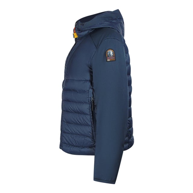 Parajumpers blauw donsjack, twee zakken met ritssluiting aan de voorkant, PJS-patch op de linkermouw, jas van 100% polyamide, vulling: 90% eendendons, 10% eendenveren, elastische tailleband en mouwen