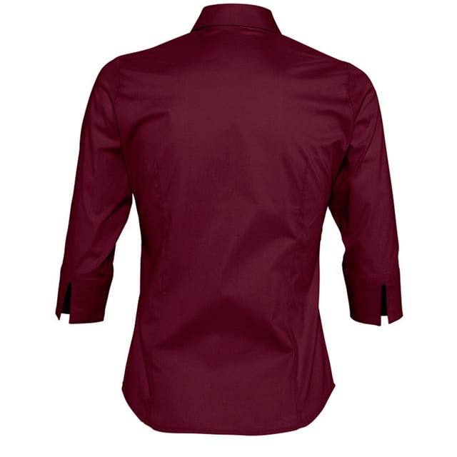 Stretch fabric. Stiffened collar. Self colour buttons. Slitted cuffs. Front and back darts. Curved hem. Fabric weight: 140 gsm. Material: 97% cotton/3% elastane. Ladies size: XS(6/8), S(8/10), M(10/12), L(12/14), XL(14/16), XXL(16/18).