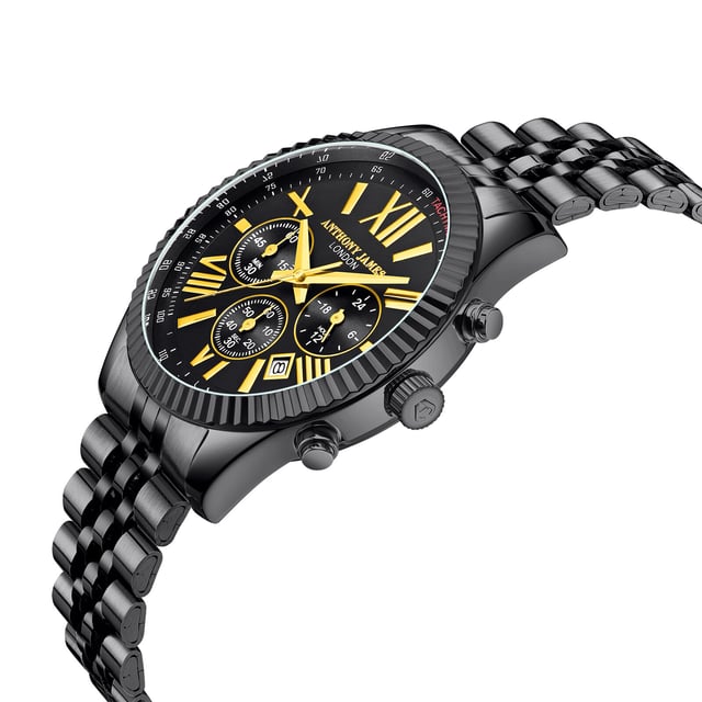 Watch Specification
• Quartz Chronograph Movement
• Black Chrono Dial with Fluted Bezel
• Tachymeter
• Minutes, Hours & Seconds Sub Dials
• Water Resistant 3ATM
• Scratch Resistant Mineral Glass
• 5 Year Warranty

Sizes & Weights
• Case Diameter 43.5 mm 
• Case Thickness 10.8 mm
• Lug Width 20 mm
• Strap Width 18 mm
• Strap Length 220 mm
• Weight 96 Grams

Materials & Colour
• Steel & Alloy Case 
• Logo Engraved Stainless Steel Caseback
• Black IP Stainless Steel Bracelet  
• Folding Safety Clasp with Logo
• Logo Crown
