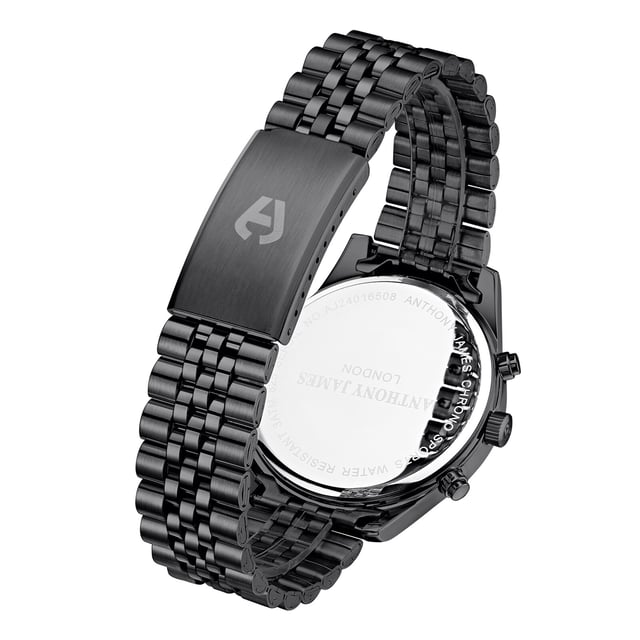 Watch Specification
• Quartz Chronograph Movement
• Black Chrono Dial with Fluted Bezel
• Tachymeter
• Minutes, Hours & Seconds Sub Dials
• Water Resistant 3ATM
• Scratch Resistant Mineral Glass
• 5 Year Warranty

Sizes & Weights
• Case Diameter 43.5 mm 
• Case Thickness 10.8 mm
• Lug Width 20 mm
• Strap Width 18 mm
• Strap Length 220 mm
• Weight 96 Grams

Materials & Colour
• Steel & Alloy Case 
• Logo Engraved Stainless Steel Caseback
• Black IP Stainless Steel Bracelet  
• Folding Safety Clasp with Logo
• Logo Crown