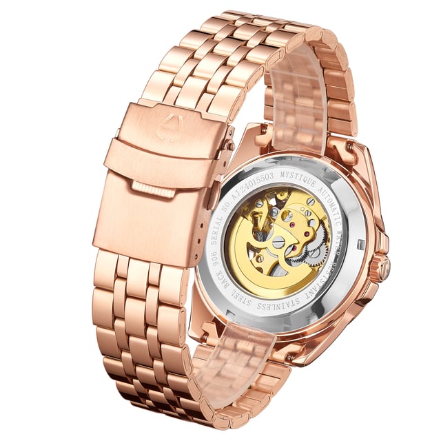 "Die Anthony James Hand Assembled Limited Edition Mystique Automatic Rose Herrenuhr verfügt über ein 21-Rubin-Uhrwerk mit 162 Teilen und eine hervorragende Präzision, die durch das skelettierte Goldzifferblatt hervorgehoben wird, das einen kühnen Kontrast zum schwarzen Rand bildet, und dieselbe Technik ist vom Gehäuseboden aus sichtbar. Die Uhr ist wasserdicht bis 3ATM und das kratzfeste Mineralglas ist anspruchsvoll und zuverlässig zugleich. Das rosafarbene Edelstahlarmband fixiert die Uhr, die mit einer fünfjährigen Garantie ausgestattet ist. " "Eigenschaften der Uhr - Automatikwerk - Handgefertigtes 162-teiliges Uhrwerk mit 21 Rubinen - Skelettiertes schwarzes und goldenes Zifferblatt - Wasserdicht 3ATM - Kratzfestes Mineralglas - 5 Jahre Garantie Maße und Gewichte - Gehäusedurchmesser 42 mm -. Dicke des Gehäuses 14 mm - Breite der Hörner 22 mm - Breite des Armbands 20 mm - Länge des Armbands 220 mm - Gewicht 123 Gramm Materialien und Farben - Stahl und Bo&amp;tier-Legierung - Skelettboden - Rosafarbenes Edelstahlarmband - Sicherheitsfaltschließe mit Logo - Krone mit Logo".