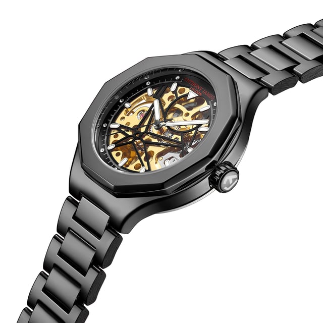 The Hand Assembled Anthony James Limited Edition Sports Skeleton Black men’s watch uses 162 part 21 jewel hand assembled movement that operates within the onyx Black IP geometric bezel secured by a Black IP bracelet. Its Skeleton Dial offers unique insight into the watch’s operation, while the scratch resistant mineral glass provides clarity. It boasts a 3ATM water resistance rating, and the Exhibition caseback completes the timepiece, which comes with a 5 year warranty.

Watch Specification
• Automatic Movement
• Hand Assembled 162 Part 21 Jewel Movement
• Black IP Geometric Bezel with Skeleton Dial
• Water Resistant 3ATM
• Scratch Resistant Mineral Glass
• 5 Year Warranty

Sizes & Weights
• Case Diameter 42 mm 
• Case Thickness 13.5 mm
• Lug Width 20 mm
• Strap Width 18 mm
• Strap Length 220 mm
• Weight 108 Grams

Materials & Colour
• Steel & Alloy Case 
• Skeleton Caseback
• Black IP Stainless Steel Bracelet
• Folding Safety Clasp with Logo
• Logo Crown