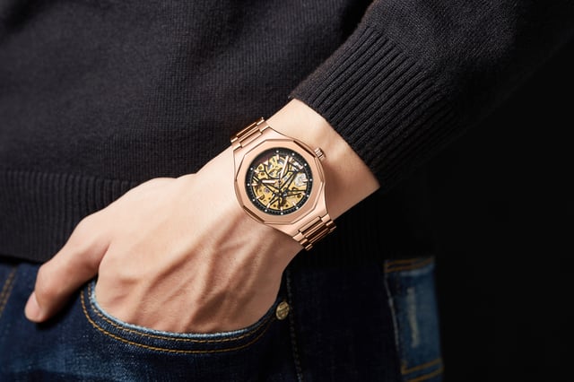 Hand assembled anthony james limited edition skeleton two sales tone gold & steel mens watch