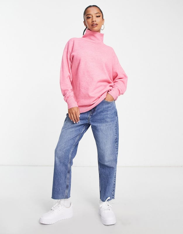 ASOS DESIGN Petite longline jumper with high neck in pink