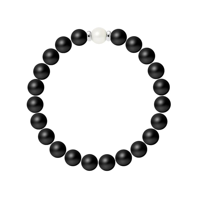 Bracelet - Black Agate - Freshwater Quality AA - Natural White Color - True Natural Freshwater Pearl Round shaped 9-10 mm - Natural White Color- Sterling Silver 925 Thousandths Ferrules | HR® elasticated - High Resistance | Manufactured in our French Workshop | Delivered with our prestige box and a certificate of warranty & authenticity 