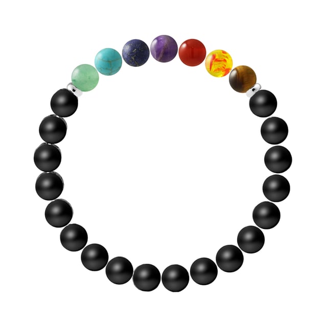 Bracelet - MAT BLACK AGATE - Diameter 8 mm- Sterling Silver 925 Thousandths Ferrules | HR® elasticated - High Resistance | Manufactured in our French Workshop | Delivered with our prestige box and a certificate of warranty & authenticity 7 Chakras - Aventurine + Turquoise + Blue Chrysocolla + Amethyste + Red Carnelian + Amber + Tiger Eye 