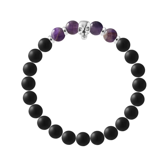 Bracelet TETE DE MORT - BLACK AGATE STONE - AMETHYSTE STONE - Skull Head Sterling Silver 925 Thousandths | HR® elasticated - High Resistance | Manufactured in our French Workshop | Delivered with our prestige box and a certificate of warranty & authenticity