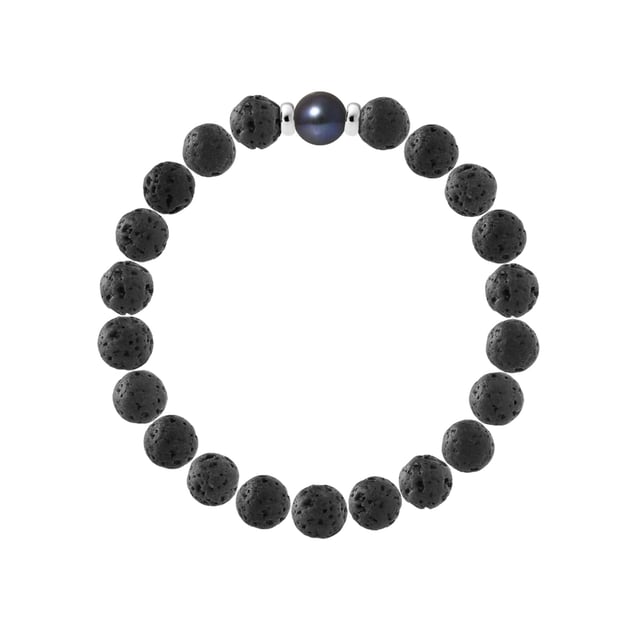 Bracelet | Natural Lava stone | Diameter 8 mm - LAVA STONE - TURQUOISE FRESHWATER PEARL- Sterling Silver 925 Thousandths Ferrules | HR® elasticated - High Resistance | Manufactured in our French Workshop | Delivered with our prestige box and a certificate of warranty & authenticity