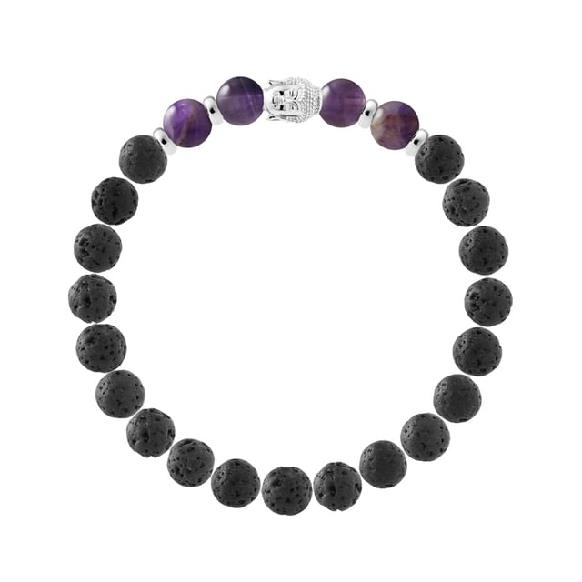 Bracelet | Natural Lava stone | Diameter 8 mm - LAVA STONE - AMETHYSTE STONE- Sterling Silver 925 Thousandths Ferrules | HR® elasticated - High Resistance | Manufactured in our French Workshop | Delivered with our prestige box and a certificate of warranty & authenticity