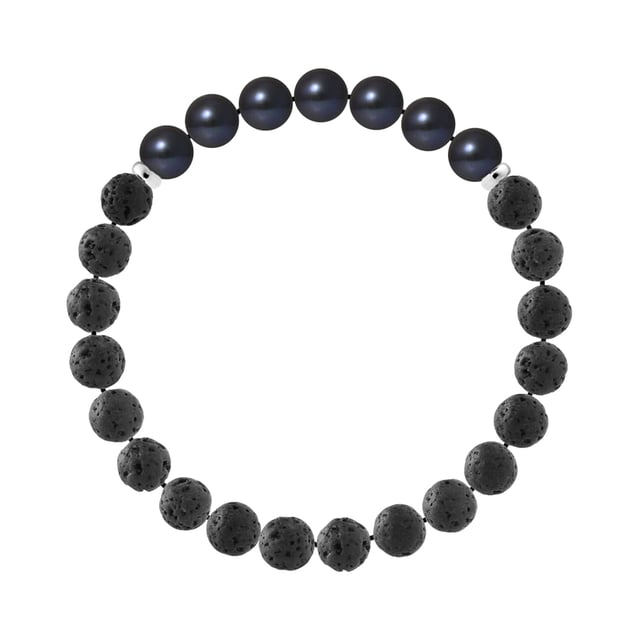 Bracelet | Natural Lava stone | Diameter 8 mm - LAVA STONE - BLACK FRESHWATER PEARL- Sterling Silver 925 Thousandths Ferrules | HR® elasticated - High Resistance | Manufactured in our French Workshop | Delivered with our prestige box and a certificate of warranty & authenticity
