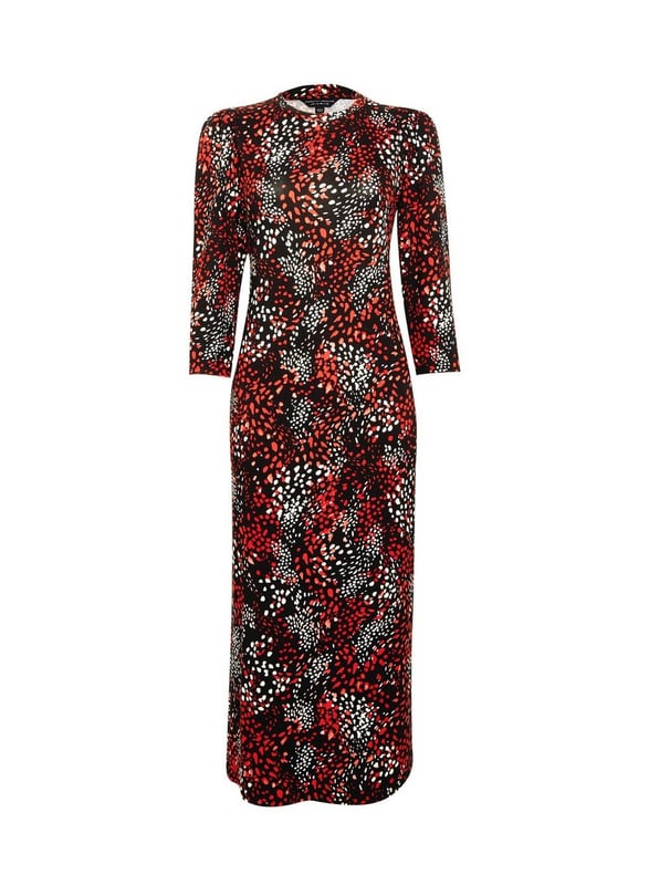 Black and red printed jersey bodycon dress. Approximately wearing length 120cm.

Explore our range of sensational day and evening dresses. Instantly update your wardrobe with glam party dresses and flattering work dresses. Discover key dress shapes, colours and styles. Take your pick from must-haves including shift dresses, new midi lengths and more - your new favourite dress awaits.

Brand: Dorothy Perkins
Department: Women
Colour: Black
Material Composition: 96% Viscose, 4% Elastane
Material: Viscose
Style: Bodycon
Neckline: Round Neck
Sleeve Length: 3/4 Sleeve
Length: Midi
Closure: Pullover
Occasion: Casual
Pattern: Printed
Season: Spring | Summer
Garment Care: Machine Washable
Size Type: Regular