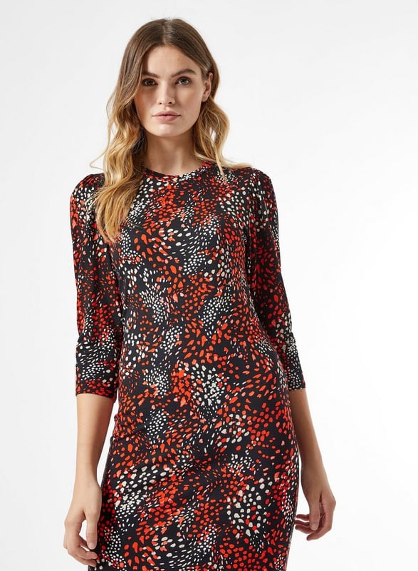 Black and red printed jersey bodycon dress. Approximately wearing length 120cm.

Explore our range of sensational day and evening dresses. Instantly update your wardrobe with glam party dresses and flattering work dresses. Discover key dress shapes, colours and styles. Take your pick from must-haves including shift dresses, new midi lengths and more - your new favourite dress awaits.

Brand: Dorothy Perkins
Department: Women
Colour: Black
Material Composition: 96% Viscose, 4% Elastane
Material: Viscose
Style: Bodycon
Neckline: Round Neck
Sleeve Length: 3/4 Sleeve
Length: Midi
Closure: Pullover
Occasion: Casual
Pattern: Printed
Season: Spring | Summer
Garment Care: Machine Washable
Size Type: Regular