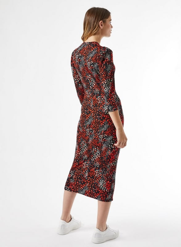Black and red printed jersey bodycon dress. Approximately wearing length 120cm.

Explore our range of sensational day and evening dresses. Instantly update your wardrobe with glam party dresses and flattering work dresses. Discover key dress shapes, colours and styles. Take your pick from must-haves including shift dresses, new midi lengths and more - your new favourite dress awaits.

Brand: Dorothy Perkins
Department: Women
Colour: Black
Material Composition: 96% Viscose, 4% Elastane
Material: Viscose
Style: Bodycon
Neckline: Round Neck
Sleeve Length: 3/4 Sleeve
Length: Midi
Closure: Pullover
Occasion: Casual
Pattern: Printed
Season: Spring | Summer
Garment Care: Machine Washable
Size Type: Regular