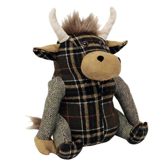 Alastair the Highland Cow is a novelty doorstop. Alastair is a plethora of patterns including a tartan body, feet and inner ears, plain outer ears, snout and hands. Complete with a cute tuft of hair on his head ad on the tip of his tail. Made of 100% polyester with a base filled with sand making Alastair heavy enough to hold open most doors. Alastair is spot clean only.
